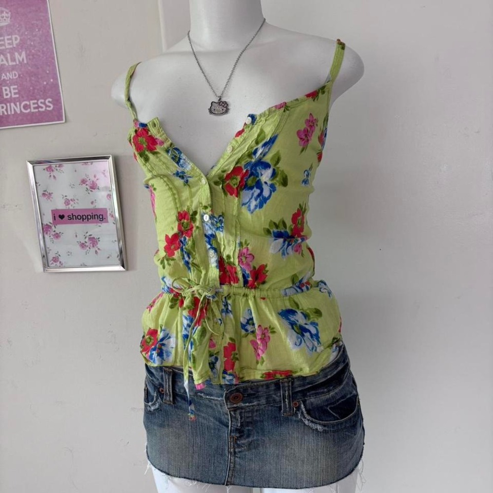 Rare Y2K Abercrombie & Fitch Floral Tank Top – Lime Green Babydoll Style - Picture 4 of 7